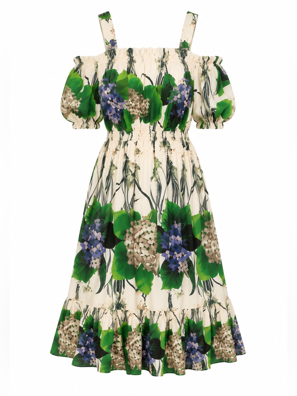 Floral Tiered Off-Shoulder Dress in Cream and Green
